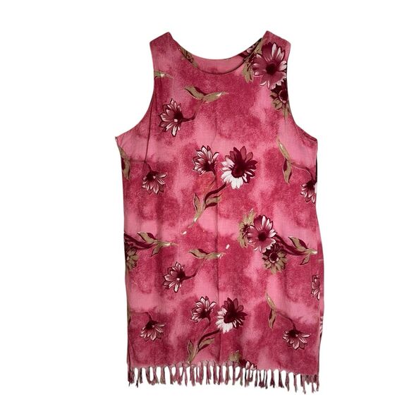 Sleeveless Pink Red Floral Sundress Beach Coverup Fringe Hem Sz Med Boho Resort - Picture 1 of 8